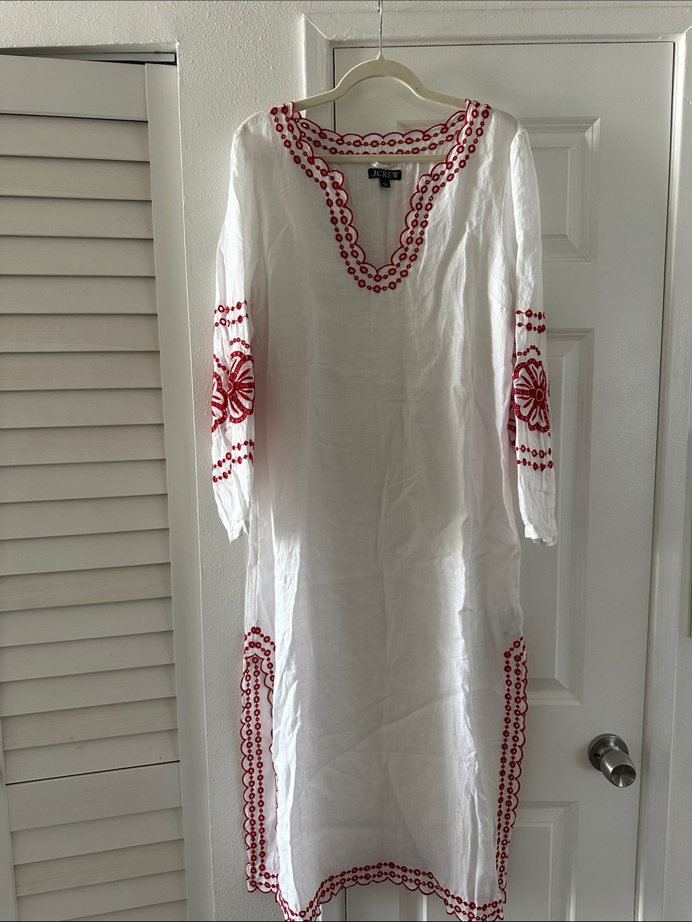 J. Crew White Linen Maxi Dress with Red Embroidery S